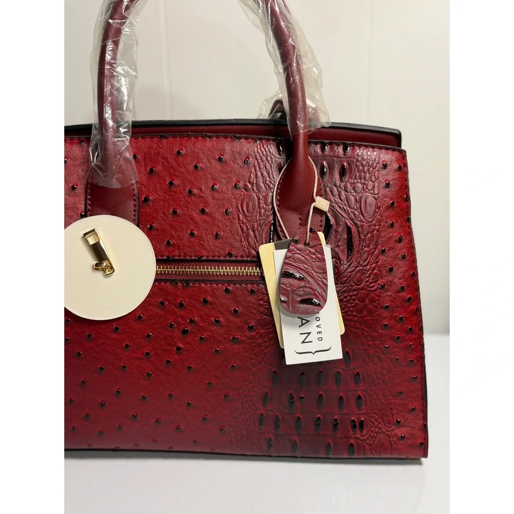 Mellow World Satchel Bag Red Ostrich Croc Embossed Vegan‎ Leather Top Handle New